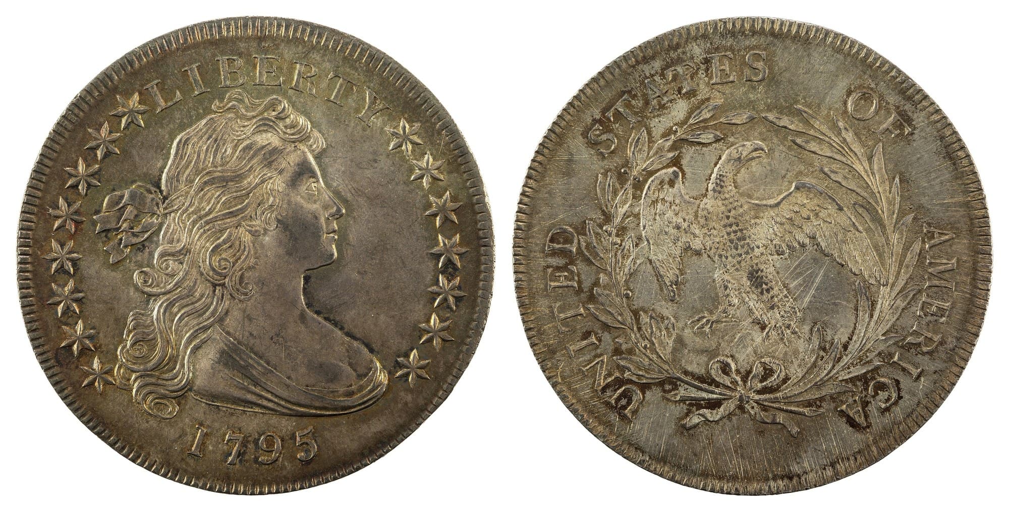 1795 Draped Bust dollar with small eagle, obverse and reverse. National Numismatic Collection.