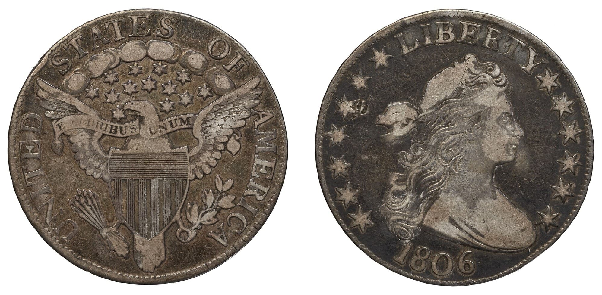 1806 Draped Bust half dollar with heraldic eagle, obverse and reverse.