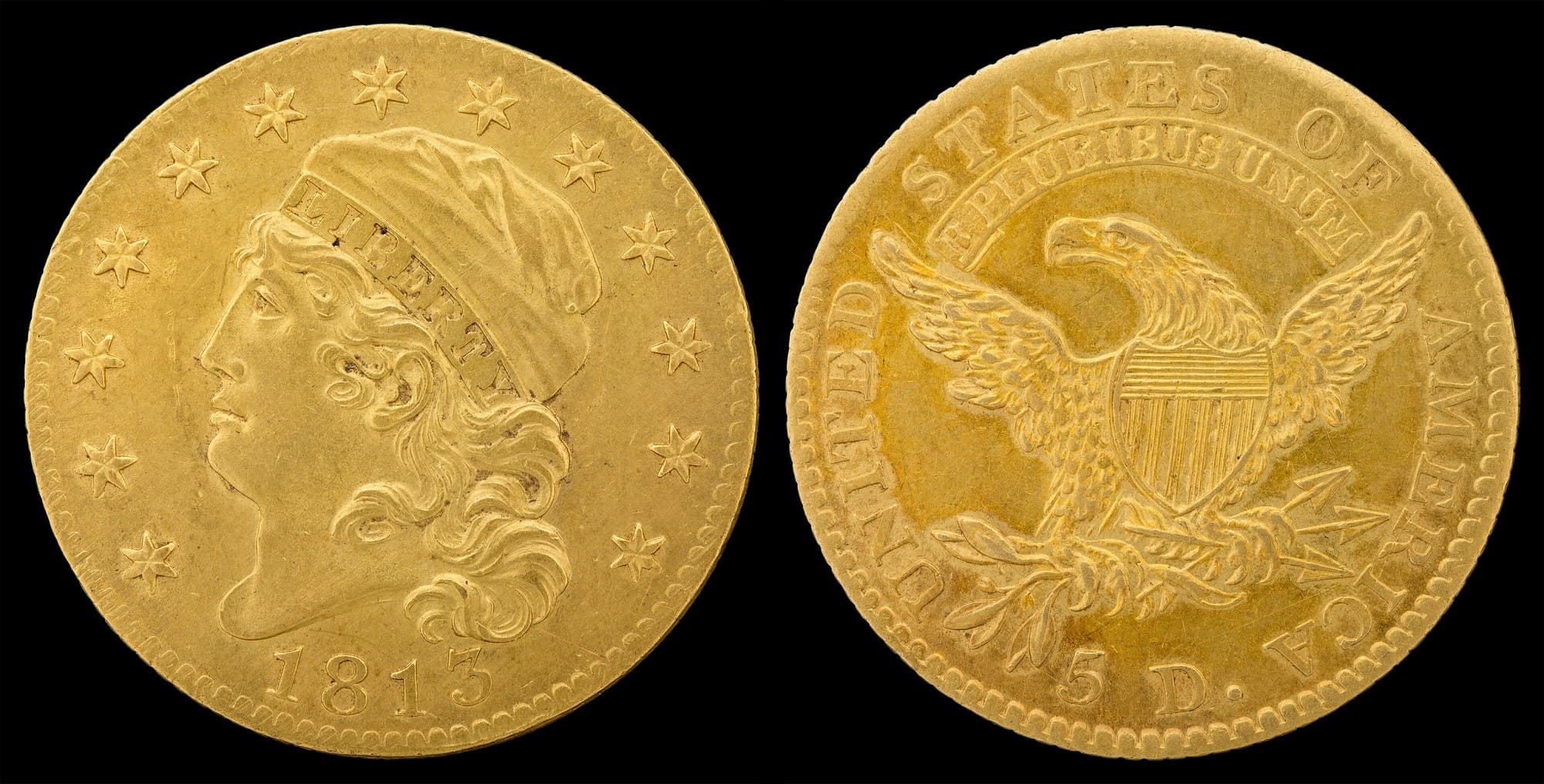 1813 Capped Head half eagle, obverse and reverse. National Numismatic Collection.