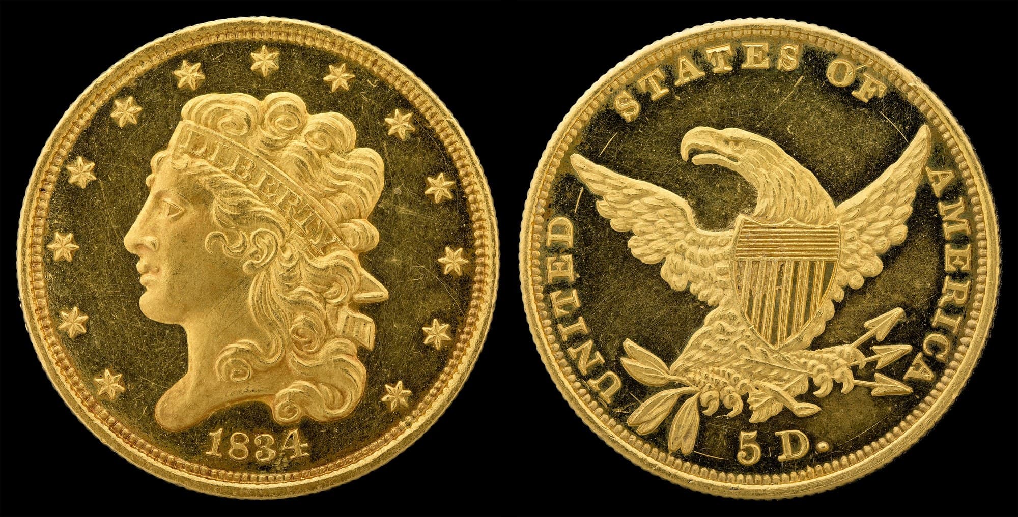 1834 Classic Head half eagle, obverse and reverse. National Numismatic Collection.