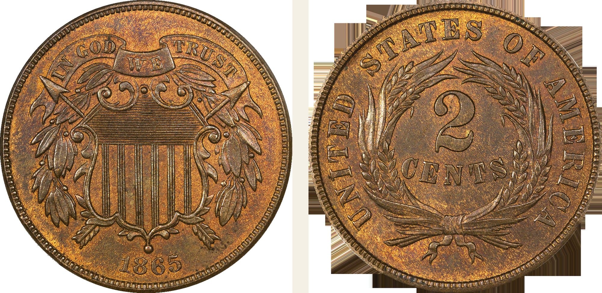 1865 two-cent piece, obverse and reverse.
