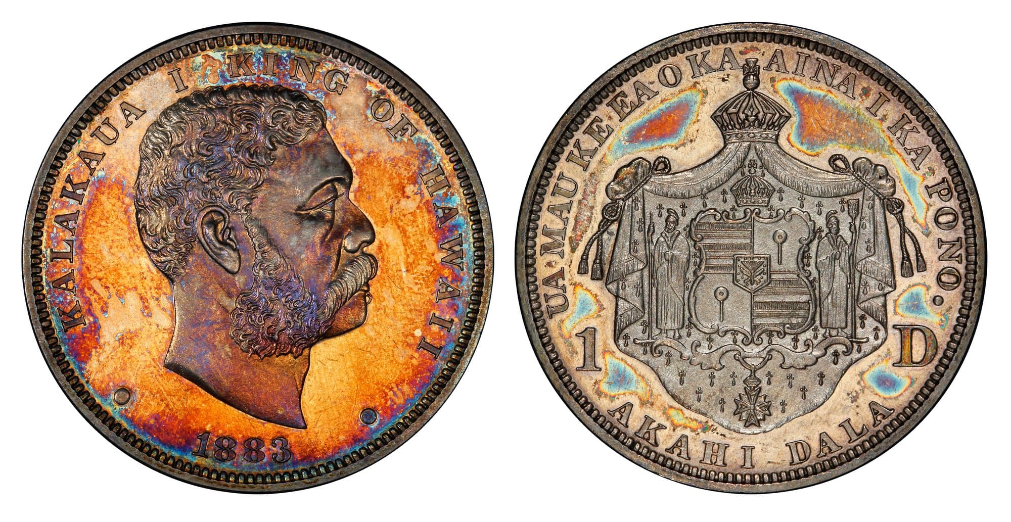 1883 Hawaiian dollar, Kalakaua, obverse and reverse. National Numismatic Collection.