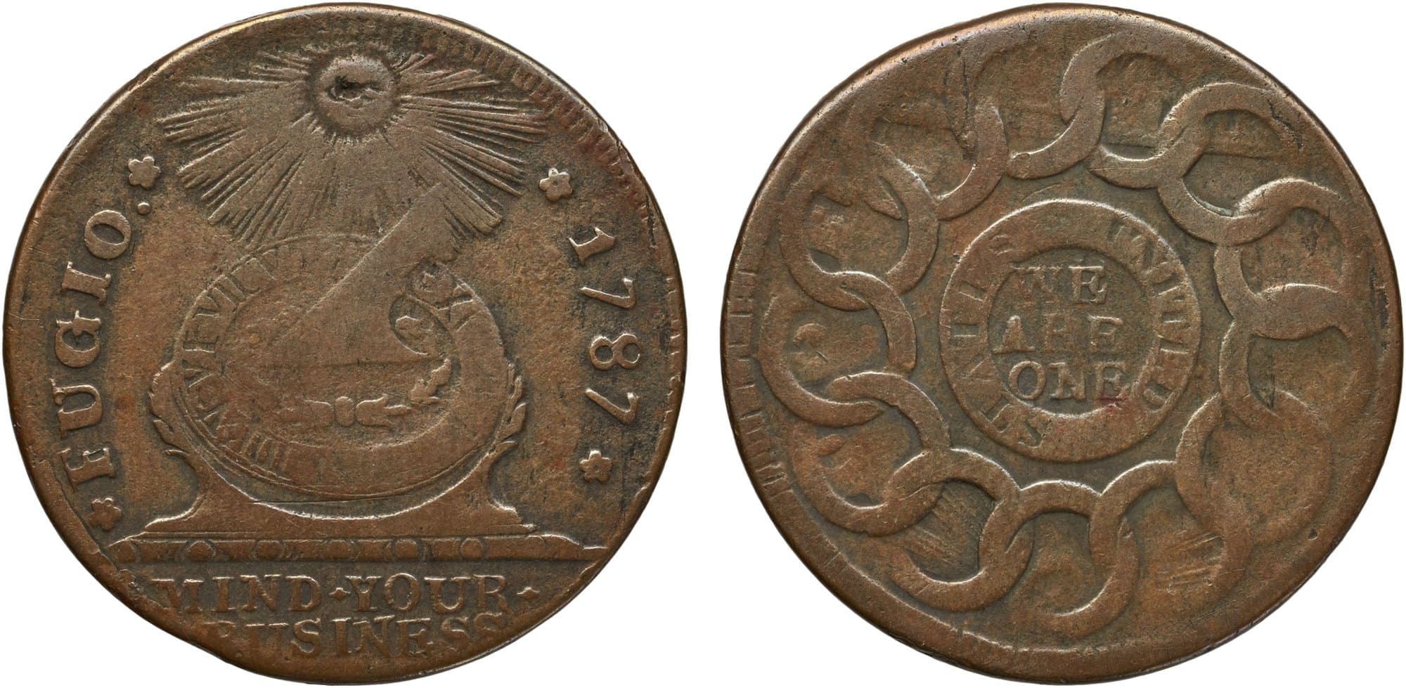 1787 Fugio cent, obverse and reverse.