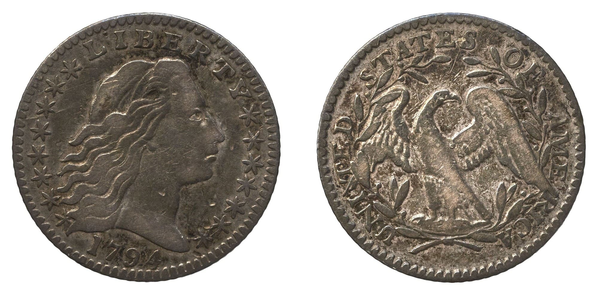 1794 Flowing Hair half dime, obverse and reverse.