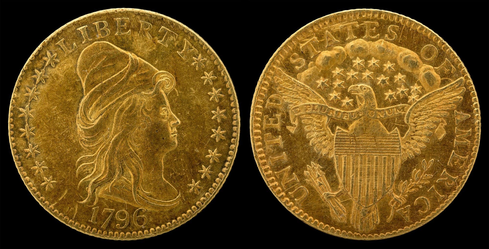 1796 Capped Bust quarter eagle with stars and heraldic eagle, obverse and reverse. National Numismatic Collection.