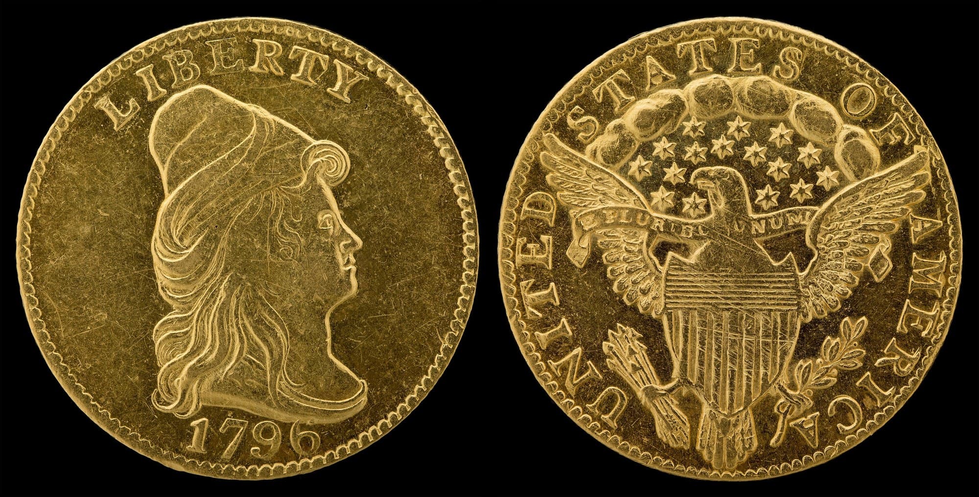 1796 Capped Bust quarter eagle with no stars and a small eagle, obverse and reverse. National Numismatic Collection.