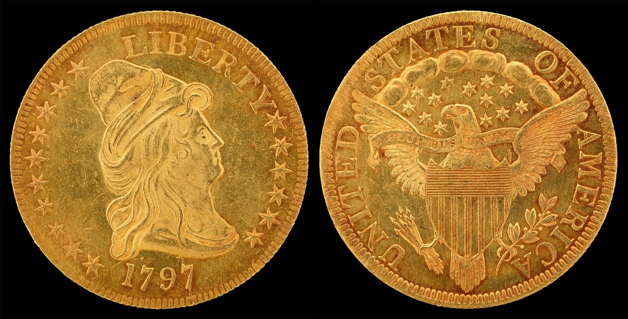1797 Capped Bust half eagle with heraldic eagle, obverse and reverse. National Numismatic Collection.