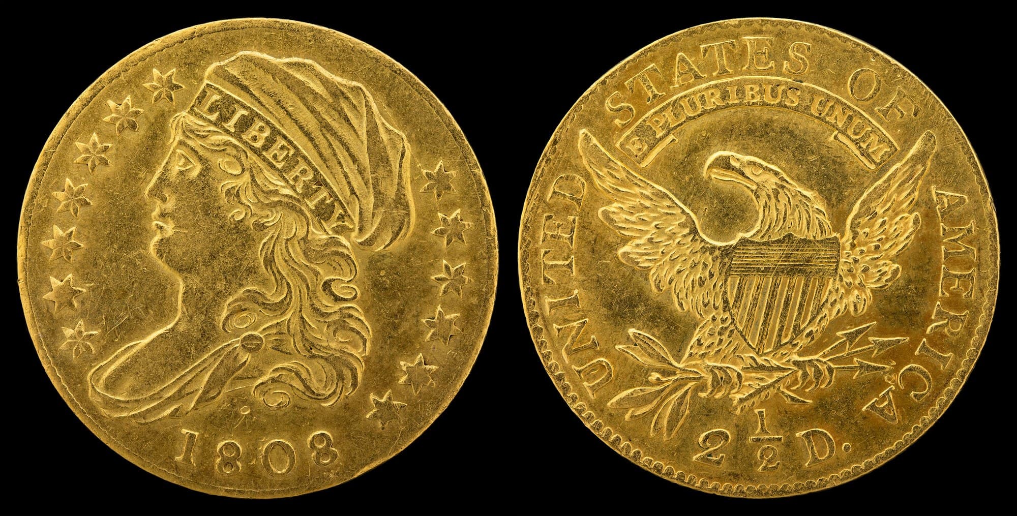 1808 Capped Bust quarter eagle facing left, obverse and reverse. National Numismatic Collection.