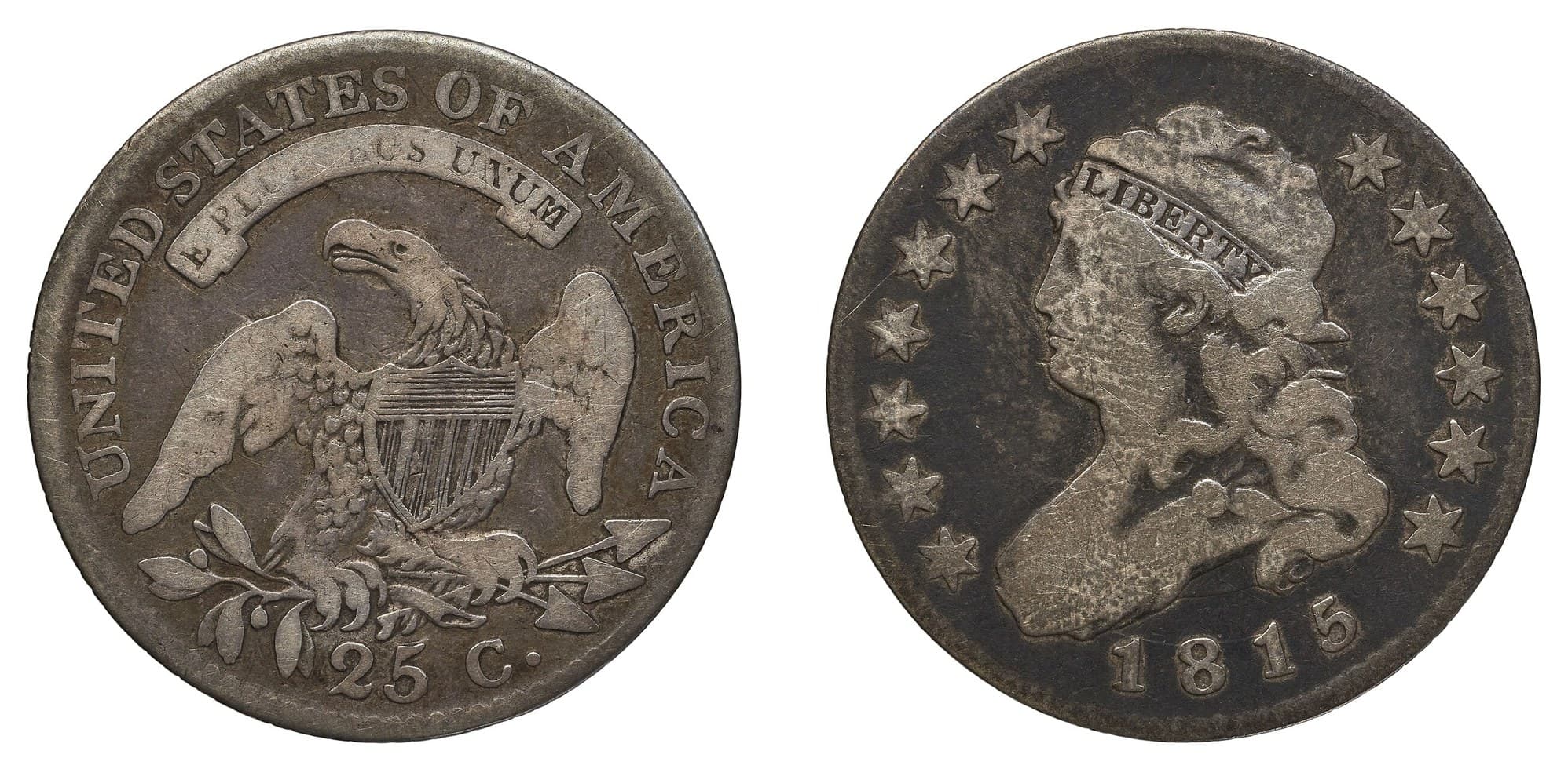 1815 large Capped Bust quarter with motto, obverse and reverse.