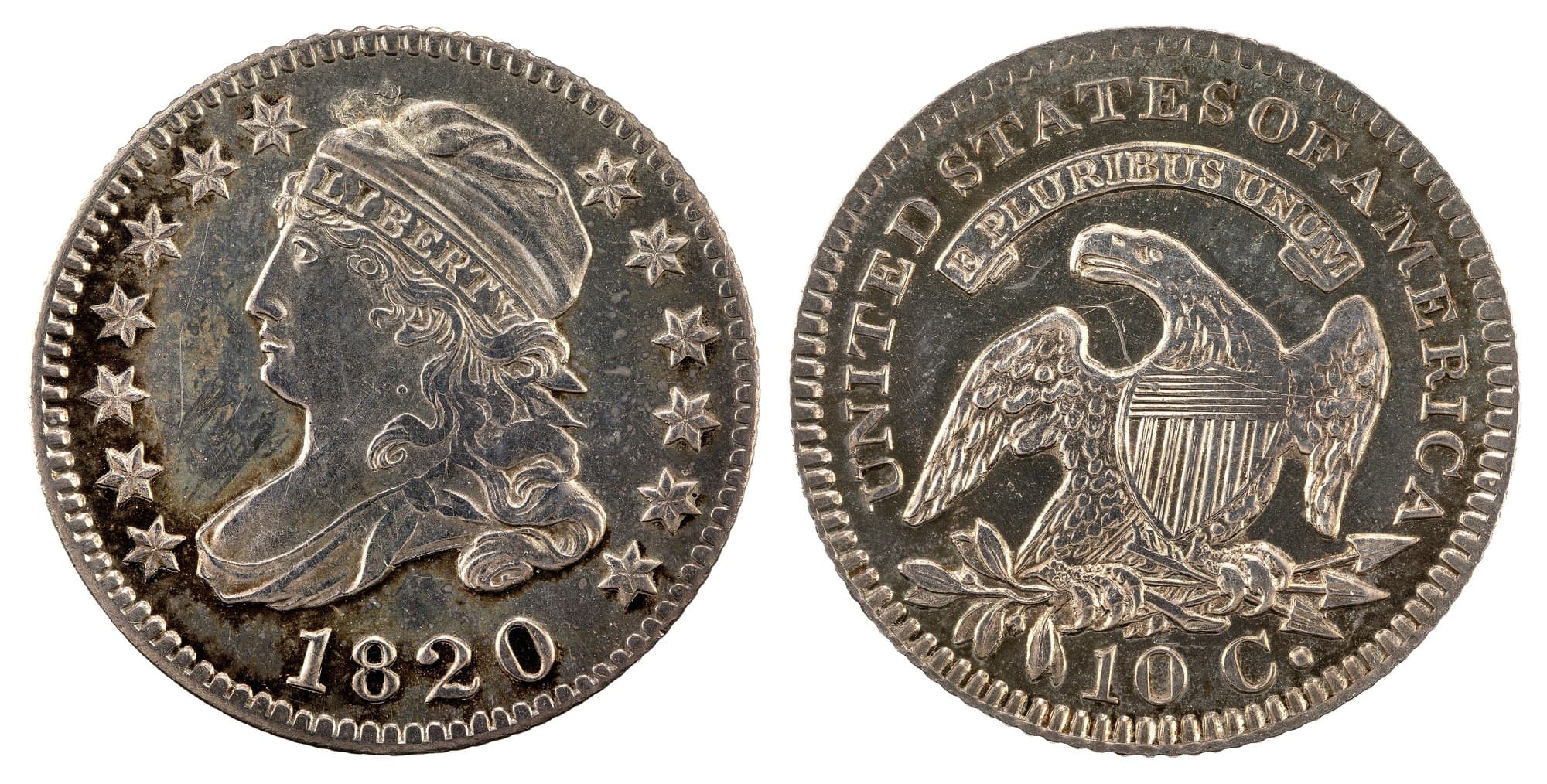 1820 Capped Bust dime, large diameter, obverse and reverse. National Numismatic Collection.