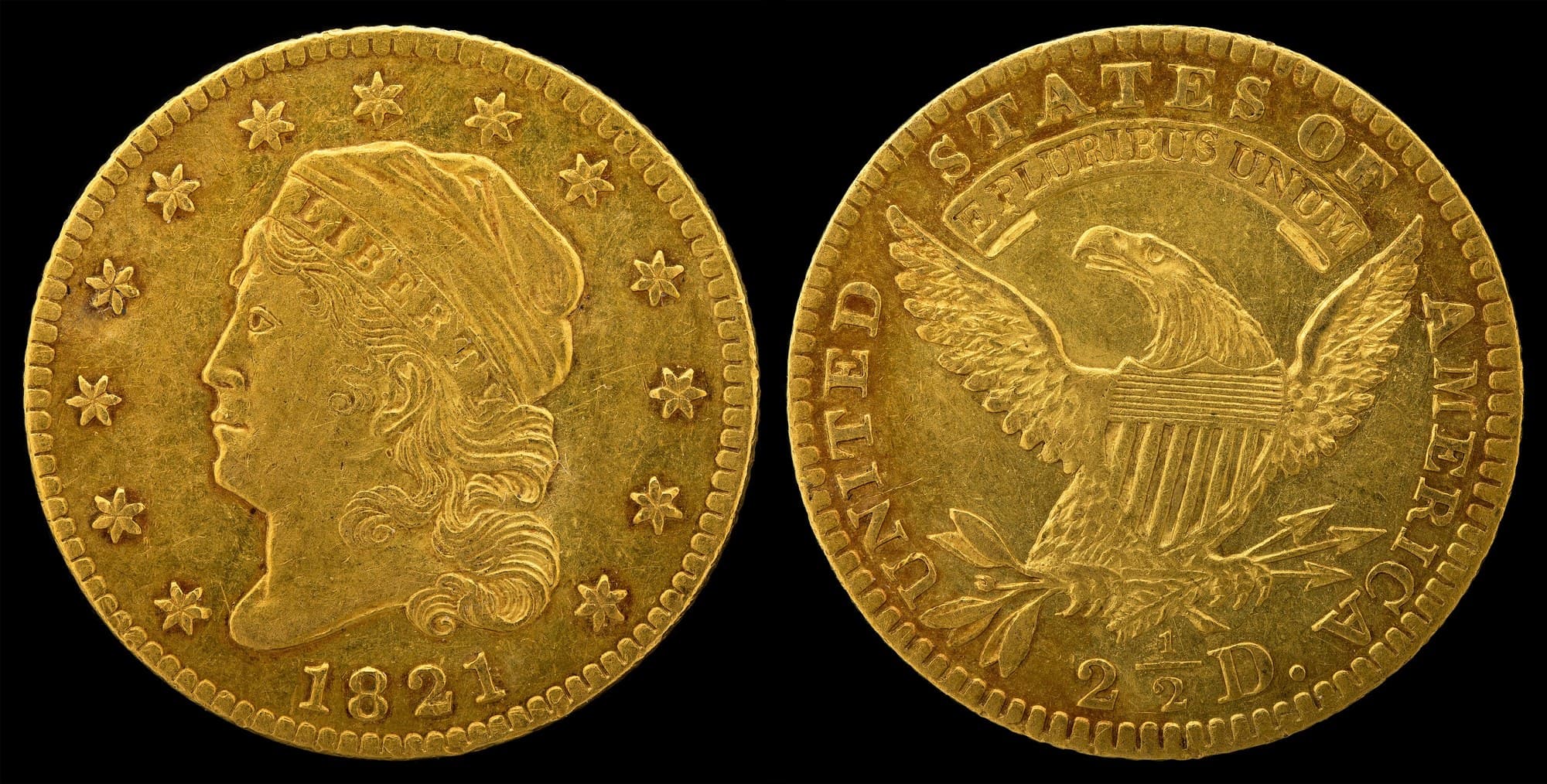 1821 Capped Head quarter eagle, obverse and reverse. National Numismatic Collection.