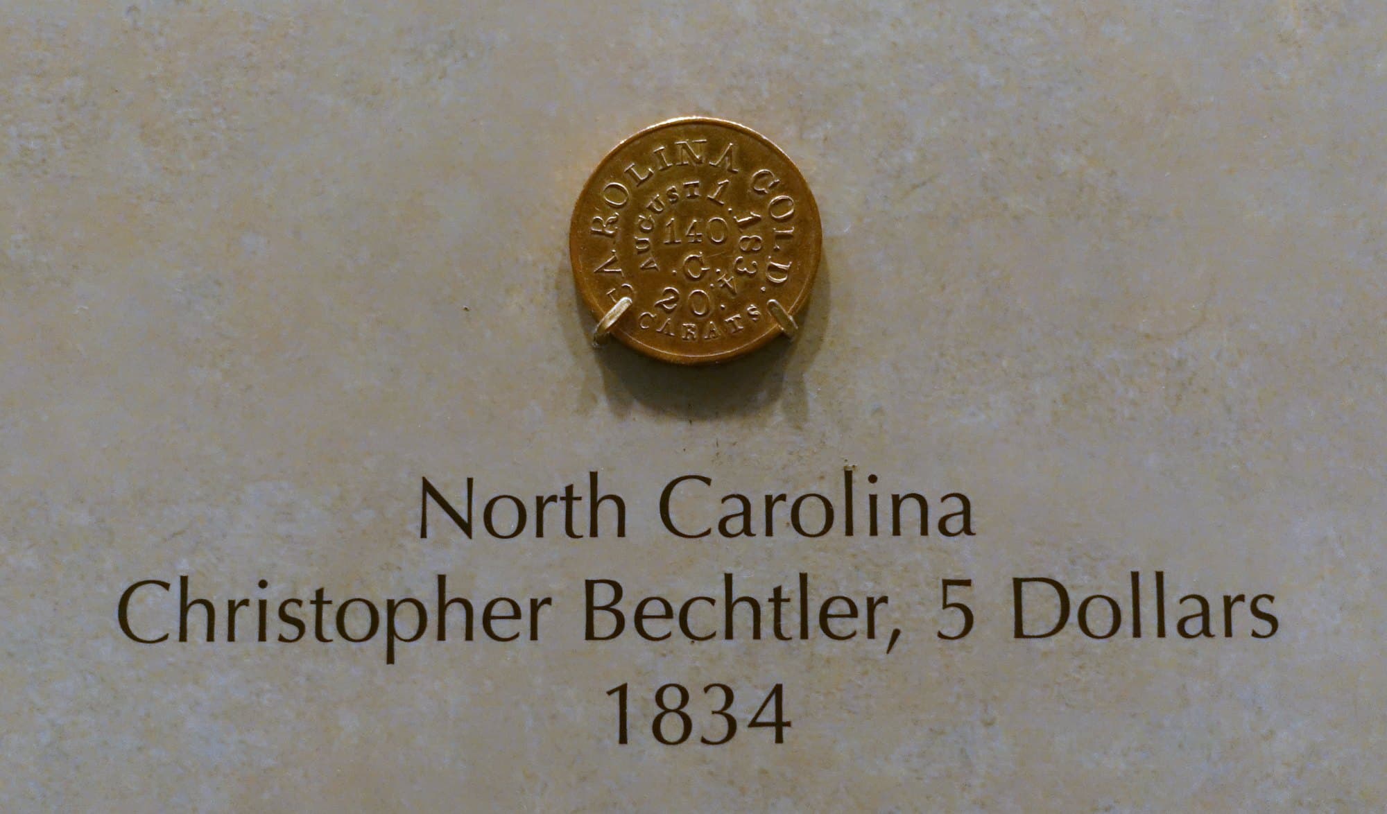 1834 Christopher Bechtler five-dollar gold coin, North Carolina, one side.