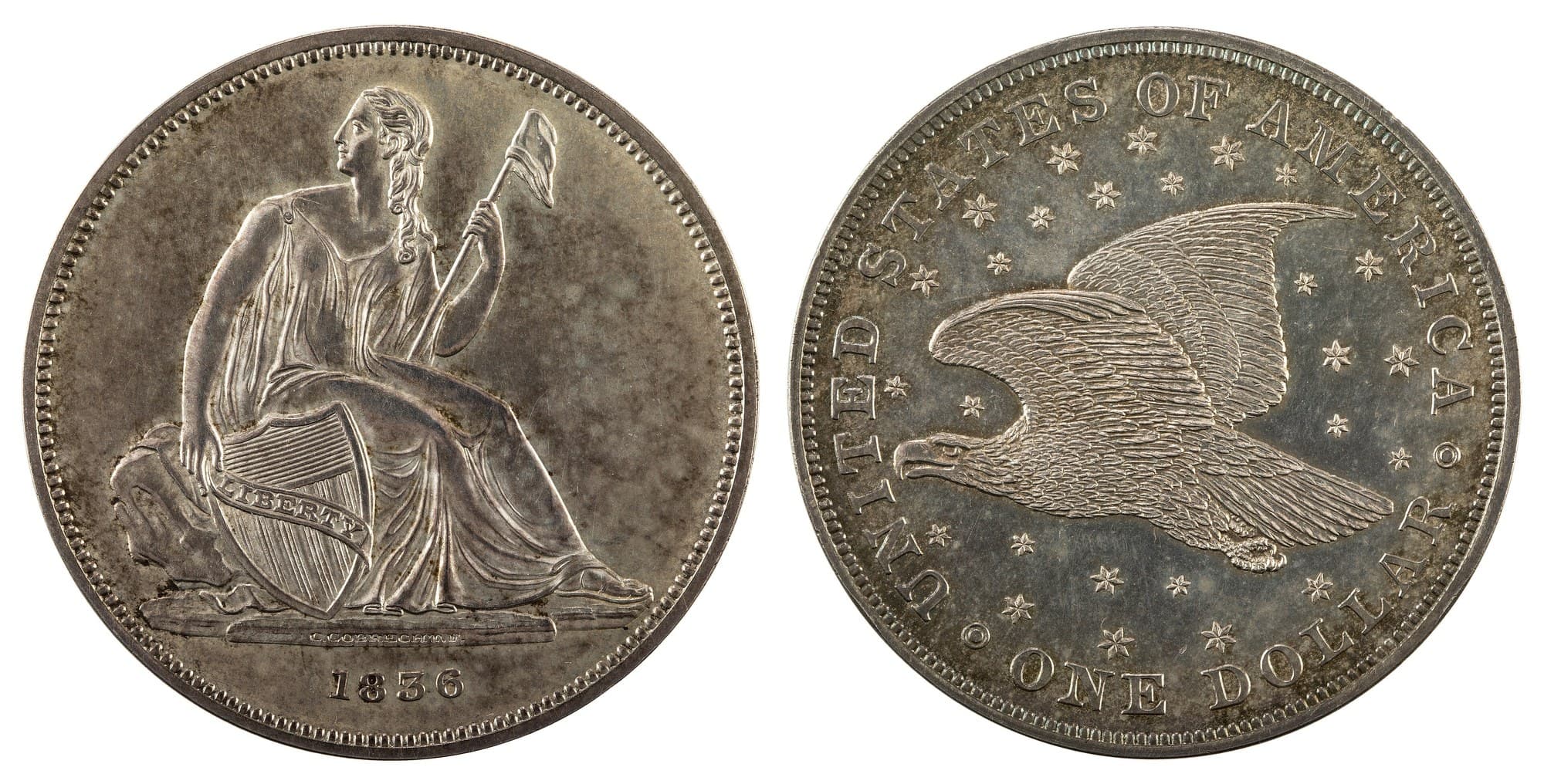 1836 Gobrecht dollar with the name on the base, obverse and reverse. National Numismatic Collection.