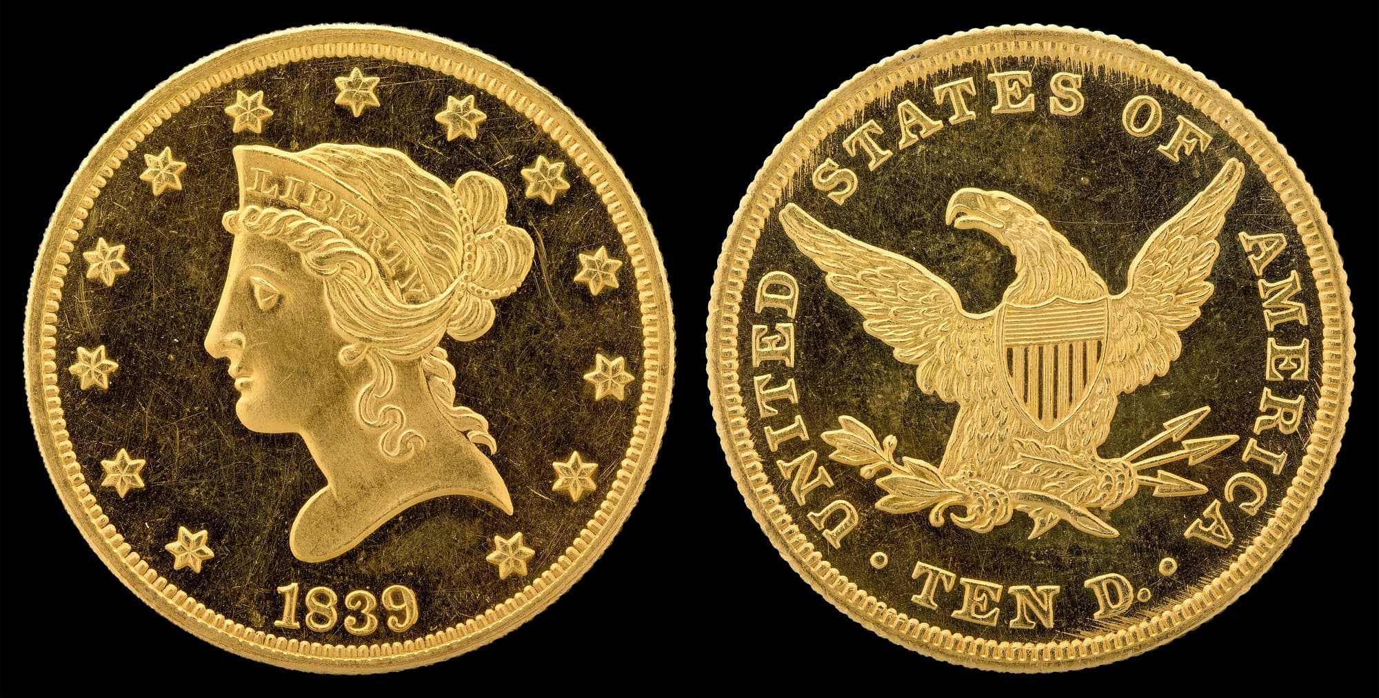 1839 Liberty Head eagle, early portrait, obverse and reverse. National Numismatic Collection.