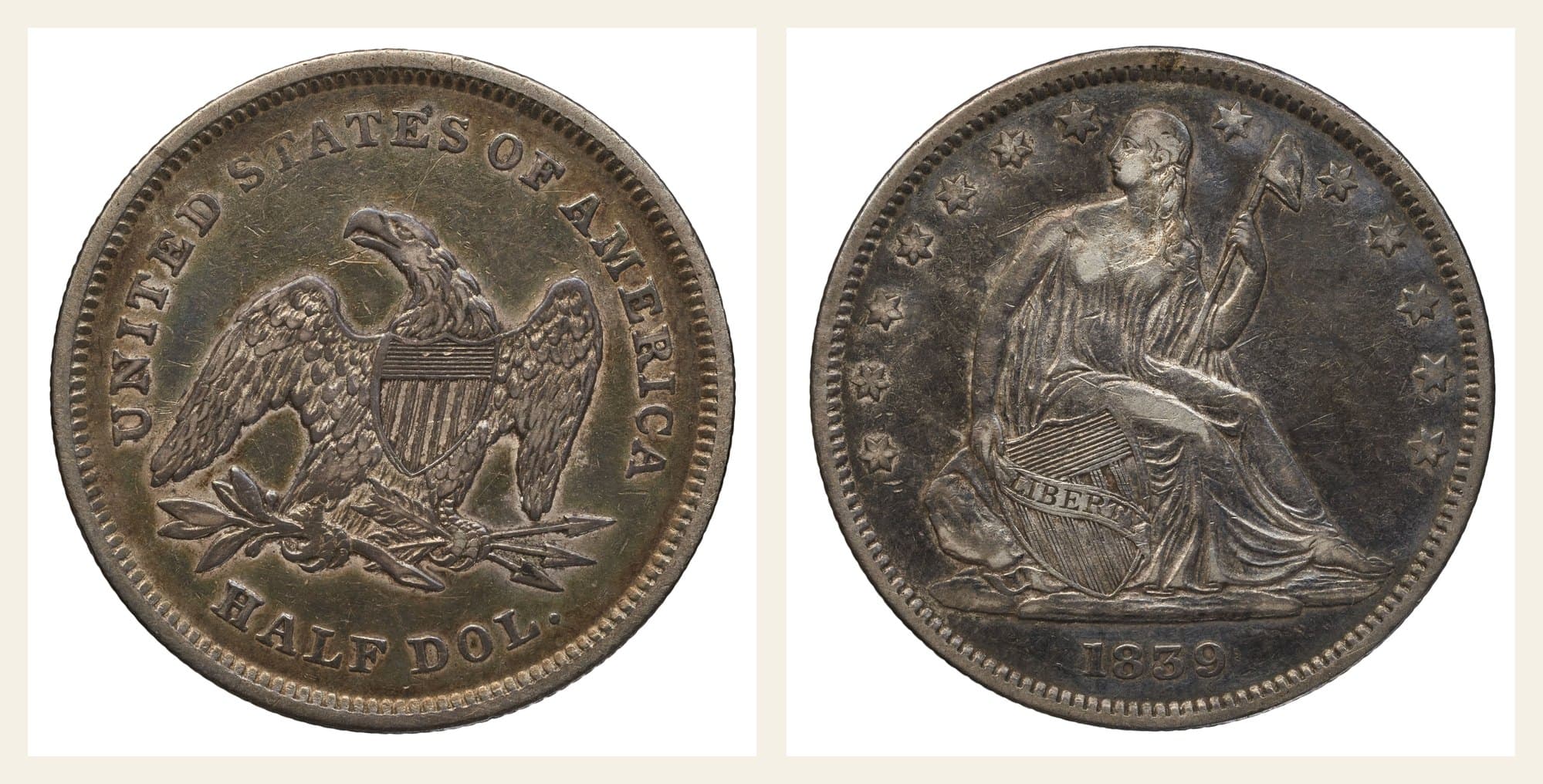 1839 Seated Liberty half dollar, obverse and reverse.