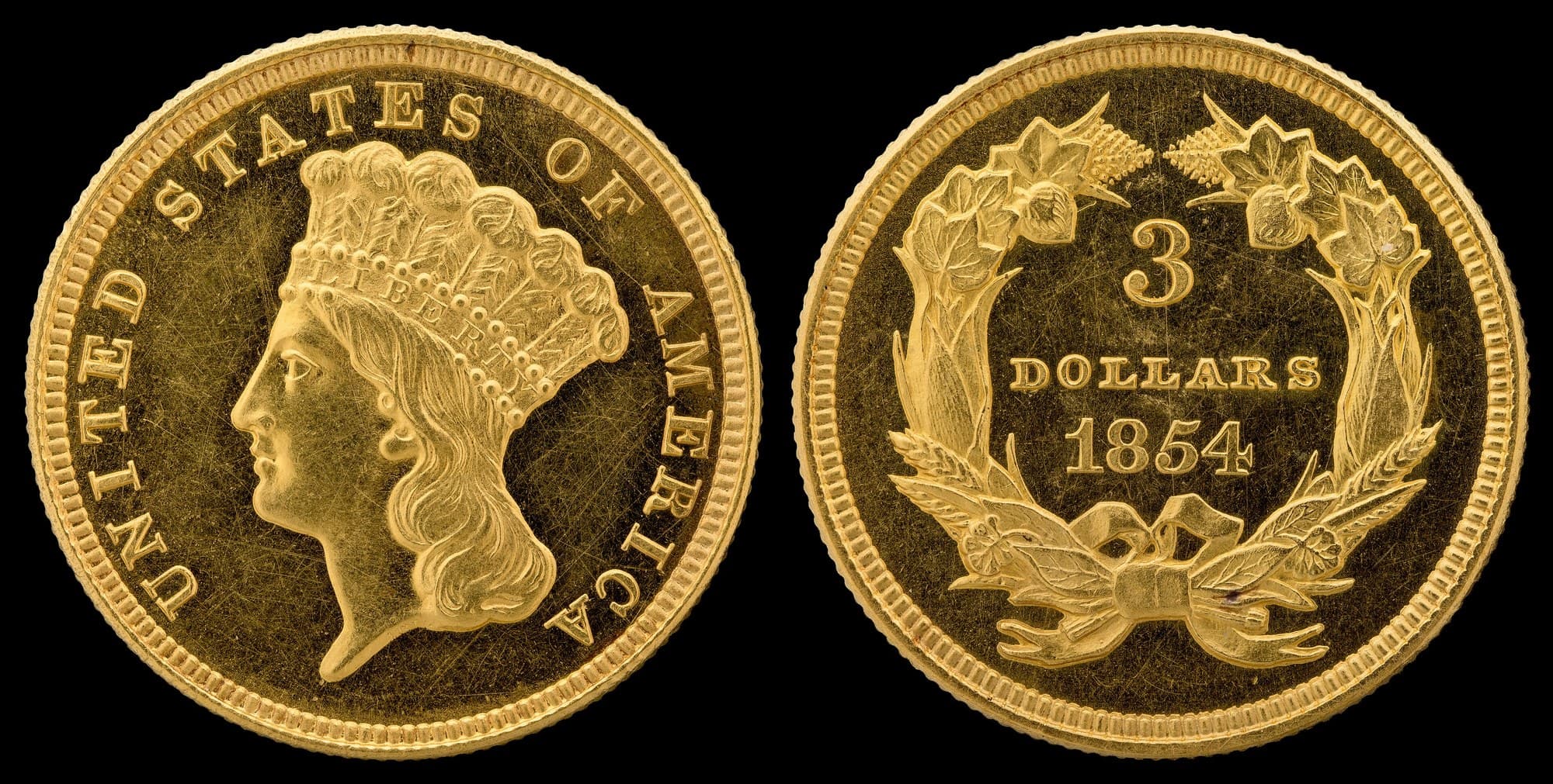 1854 three-dollar gold piece, obverse and reverse. National Numismatic Collection.