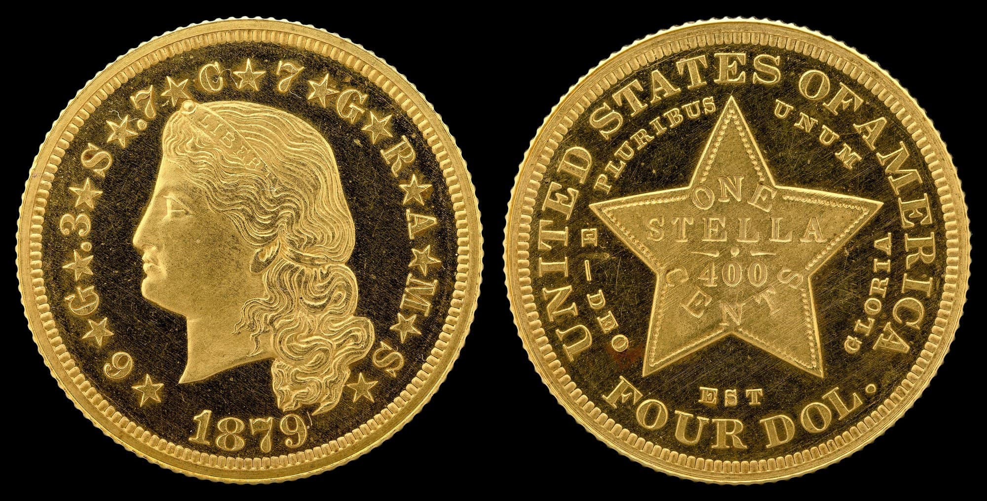 1879 Flowing Hair four-dollar Stella, obverse and reverse. National Numismatic Collection.