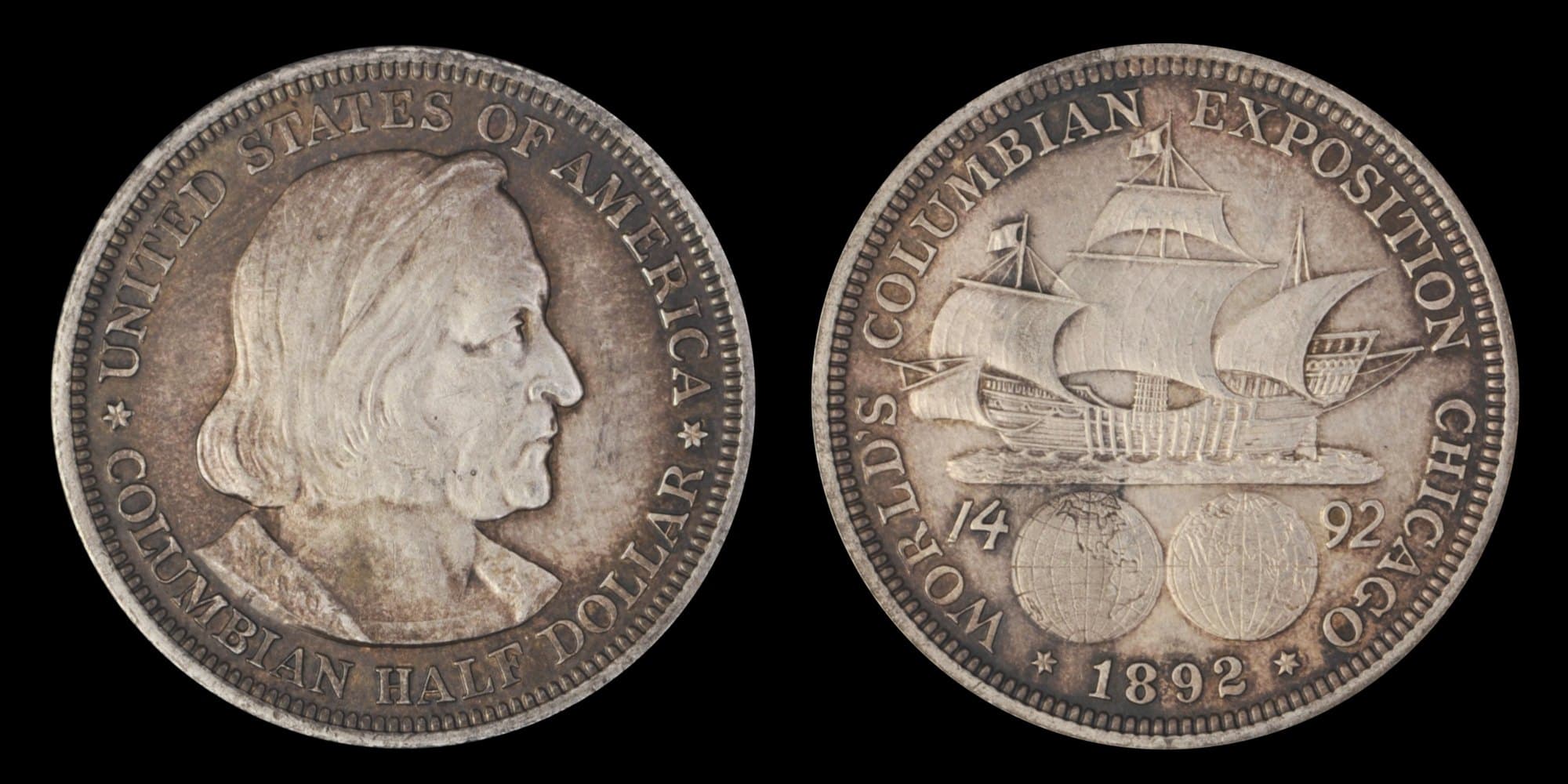 1892 Columbian Exposition half dollar, obverse and reverse.