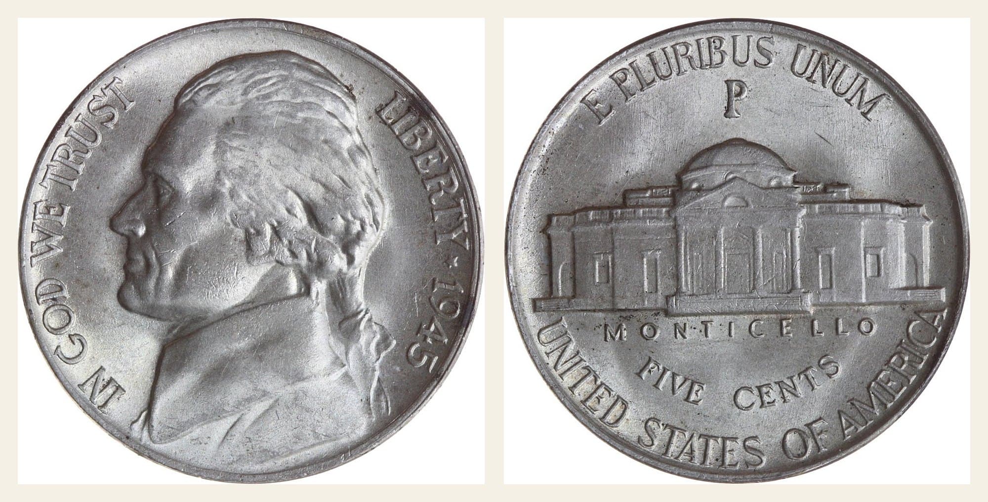 1945-P wartime Jefferson nickel, obverse and reverse.