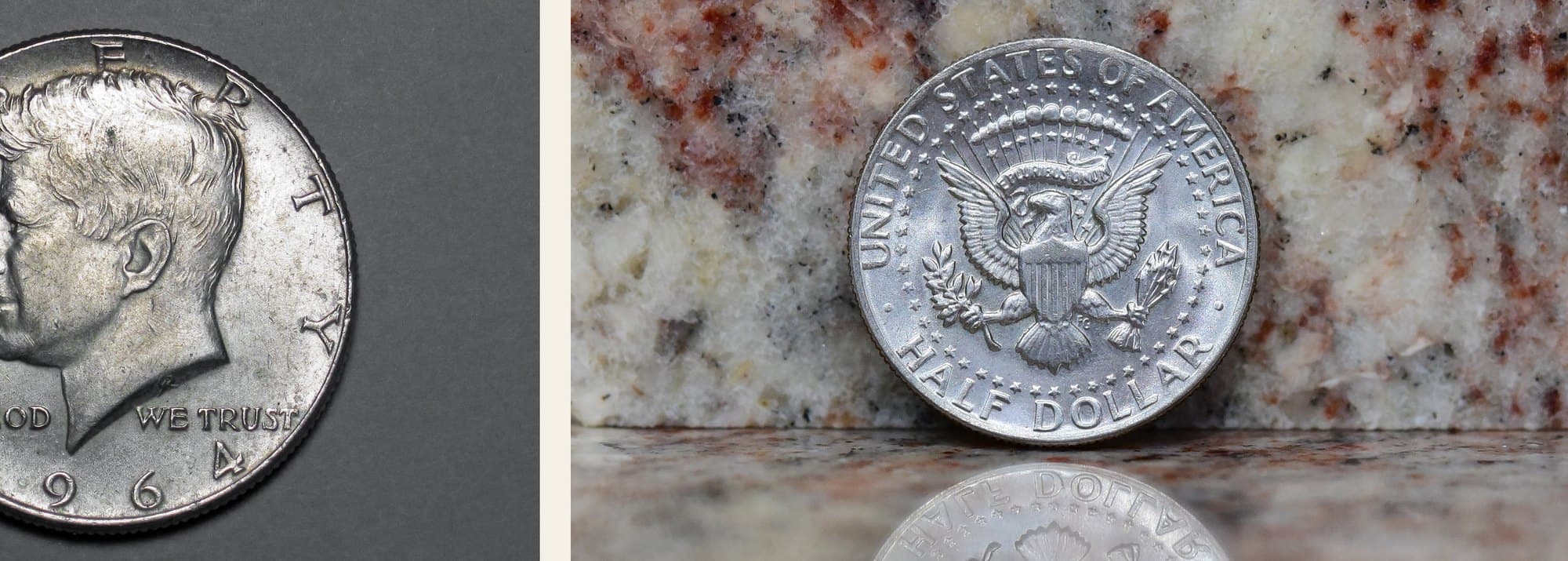 1964 Kennedy half dollar, obverse and reverse.