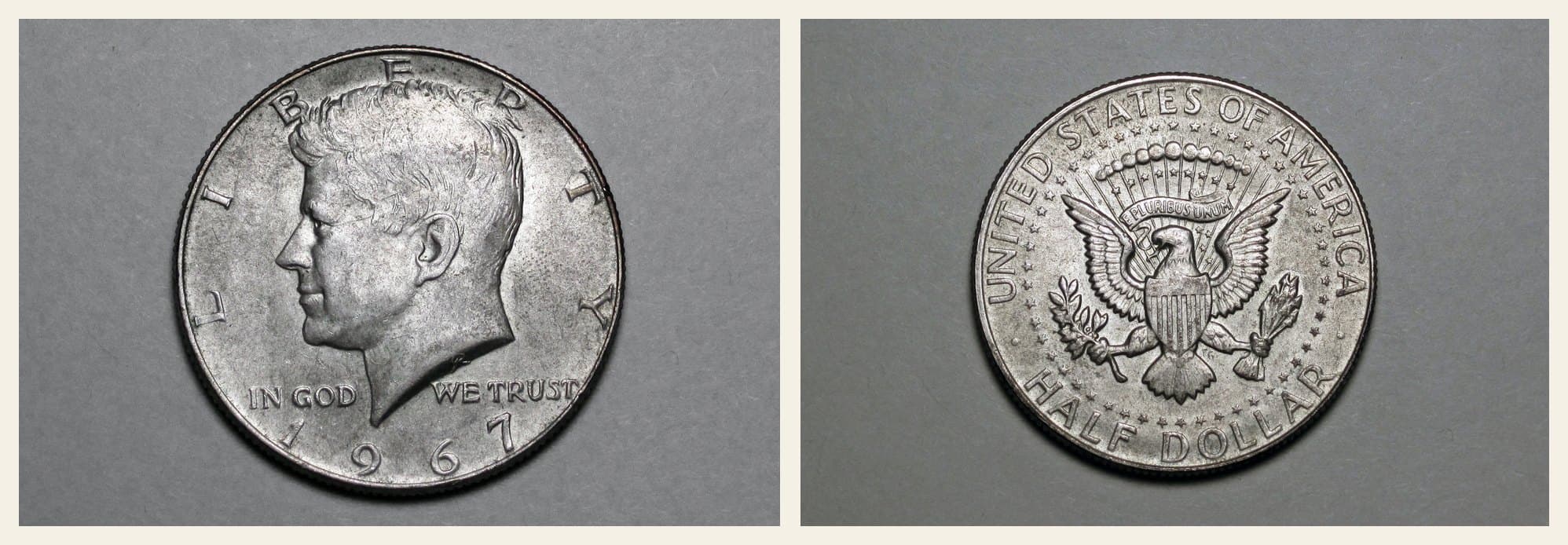 1967 Kennedy half dollar, 40 percent silver, obverse and reverse.
