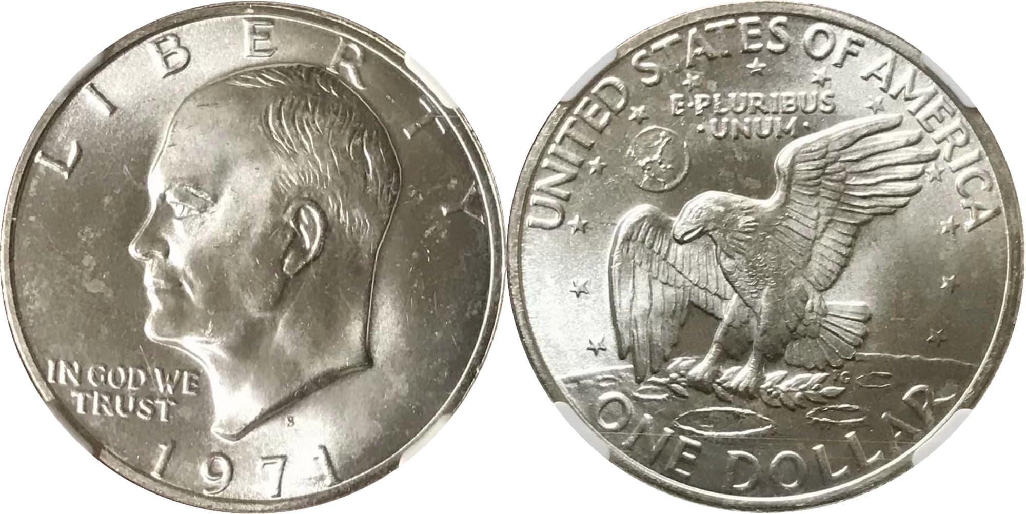 1971-S 40 percent silver Eisenhower dollar, obverse and reverse, in a blue pack.