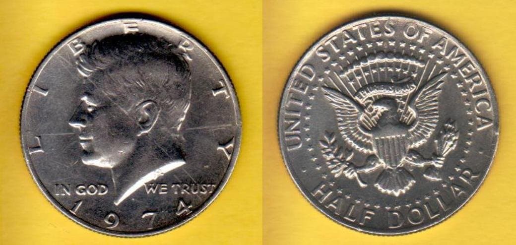 1974 Kennedy half dollar, clad, obverse and reverse.