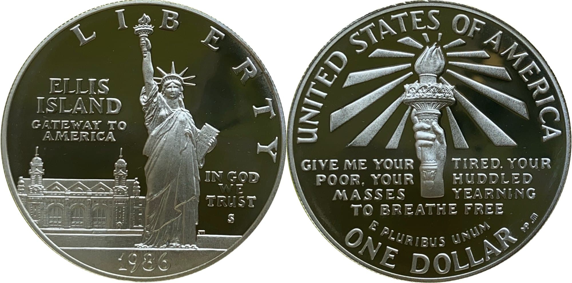 1986 Statue of Liberty silver dollar, obverse and reverse.