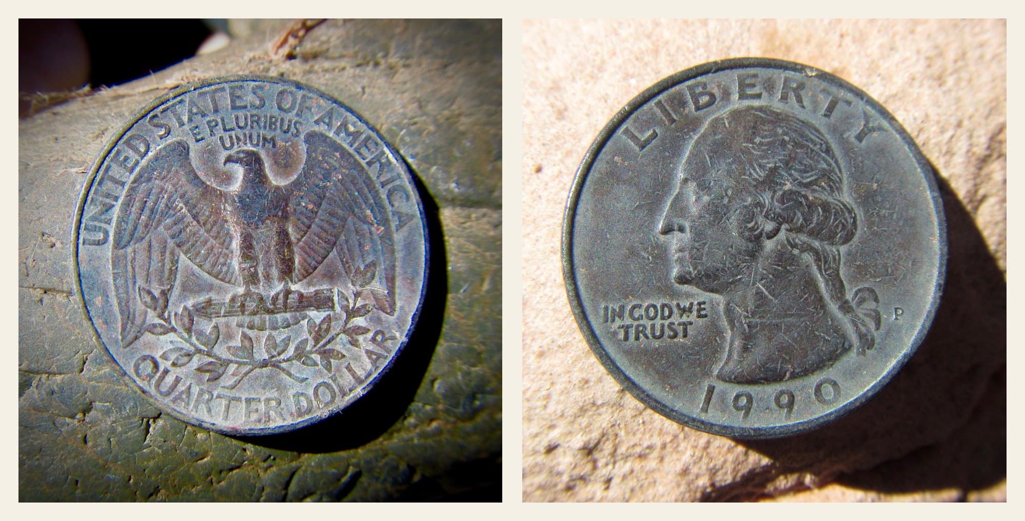 1990-P clad Washington quarter, obverse and reverse.