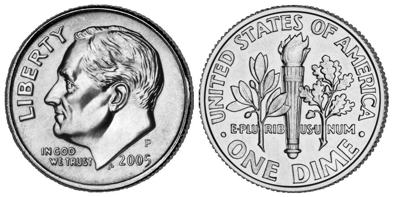 2005 Roosevelt dime, clad, obverse and reverse. United States Mint.