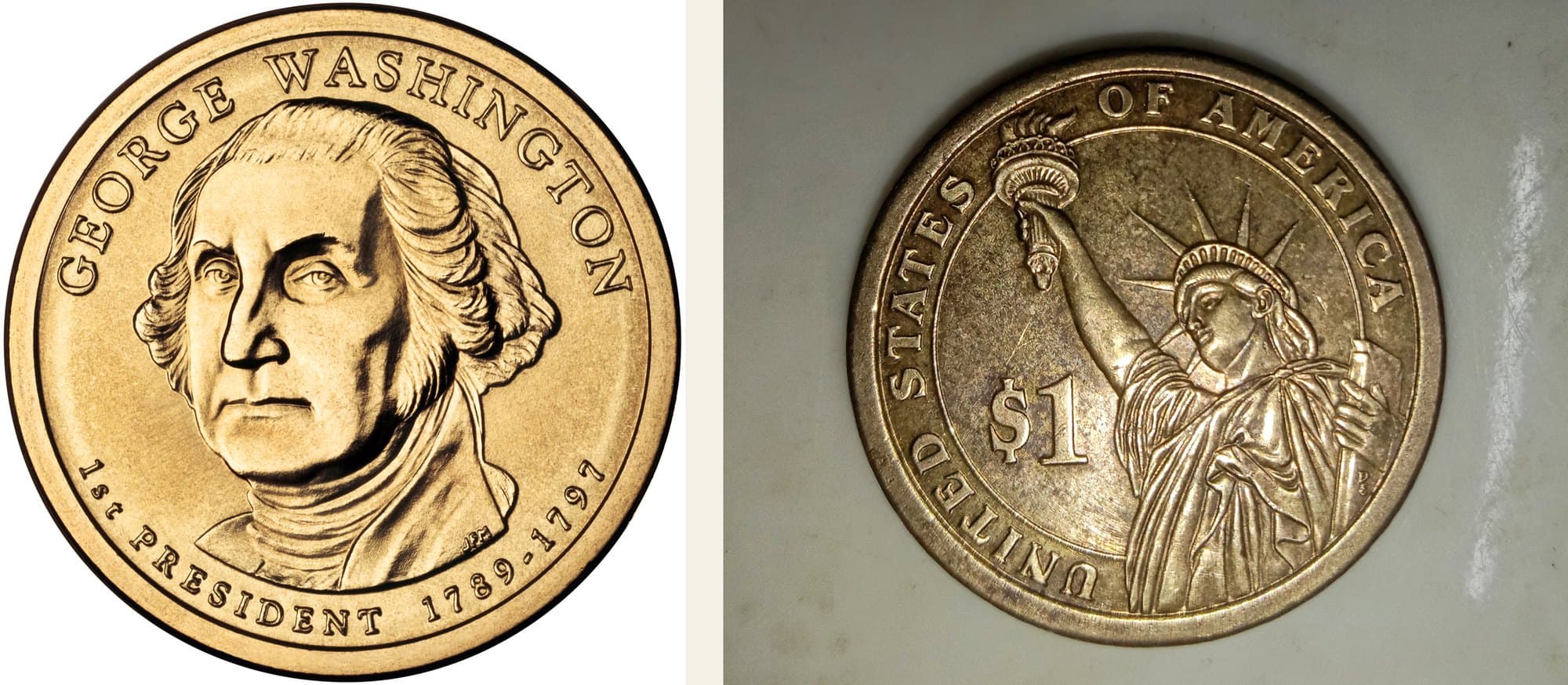 George Washington presidential dollar obverse and Statue of Liberty reverse.