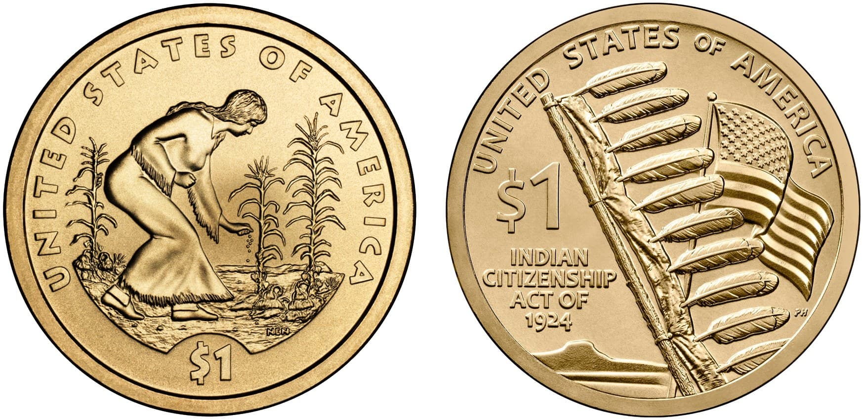 Native American dollar, 2009 Three Sisters reverse and 2024 Indian Citizenship Act reverse.