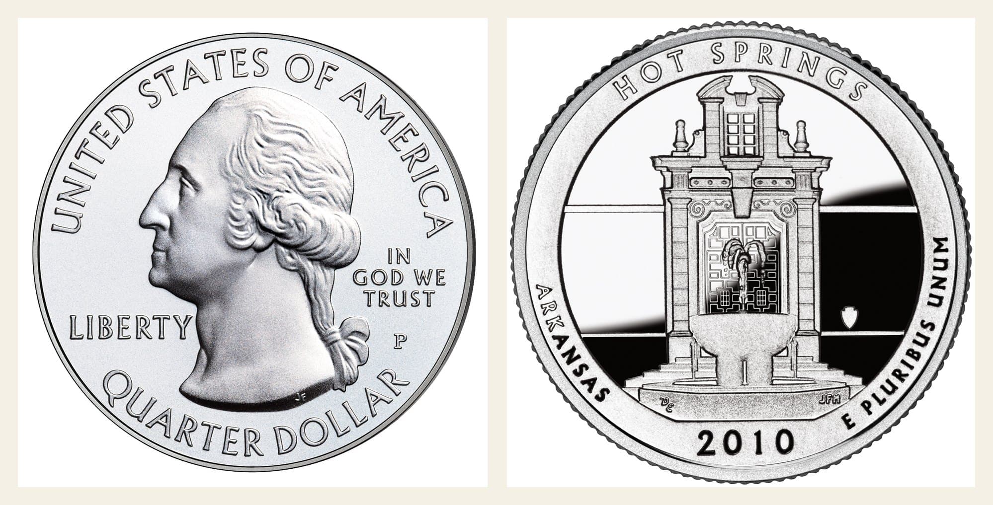 America the Beautiful quarter obverse and 2010 Hot Springs reverse.