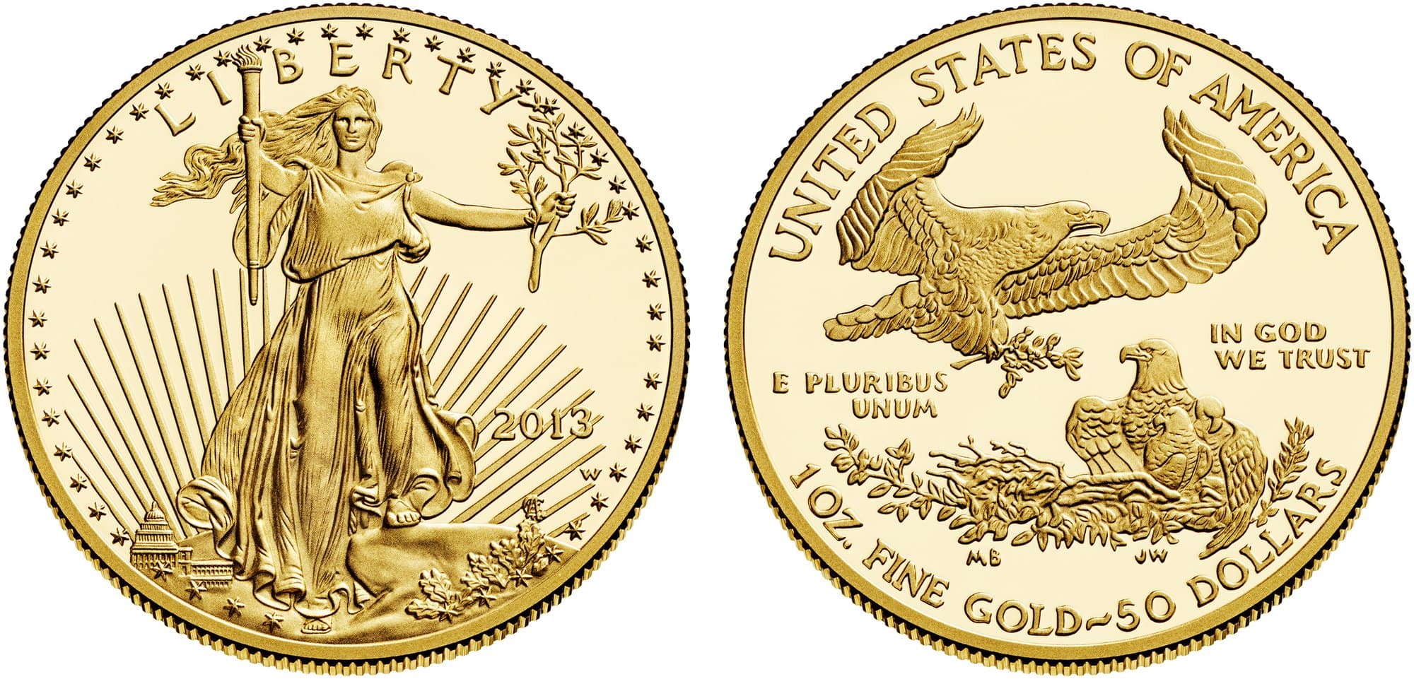 American Gold Eagle Type 1, one ounce, obverse and reverse.