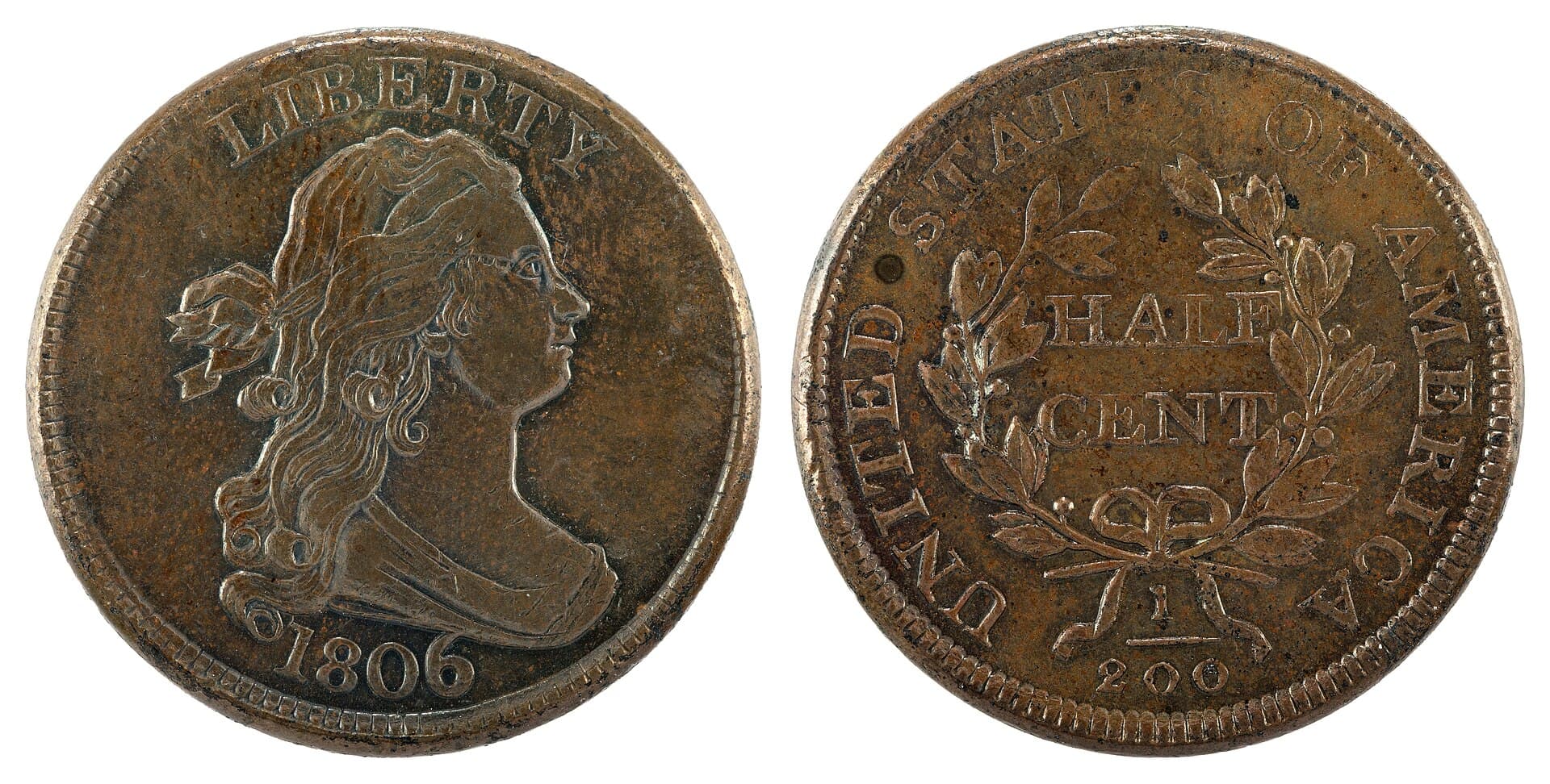 1806 Draped Bust half cent, obverse and reverse. National Numismatic Collection.