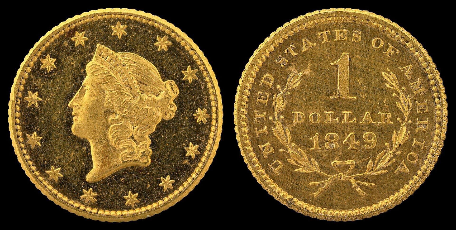 1849 Type 1 gold dollar, obverse and reverse. National Numismatic Collection.