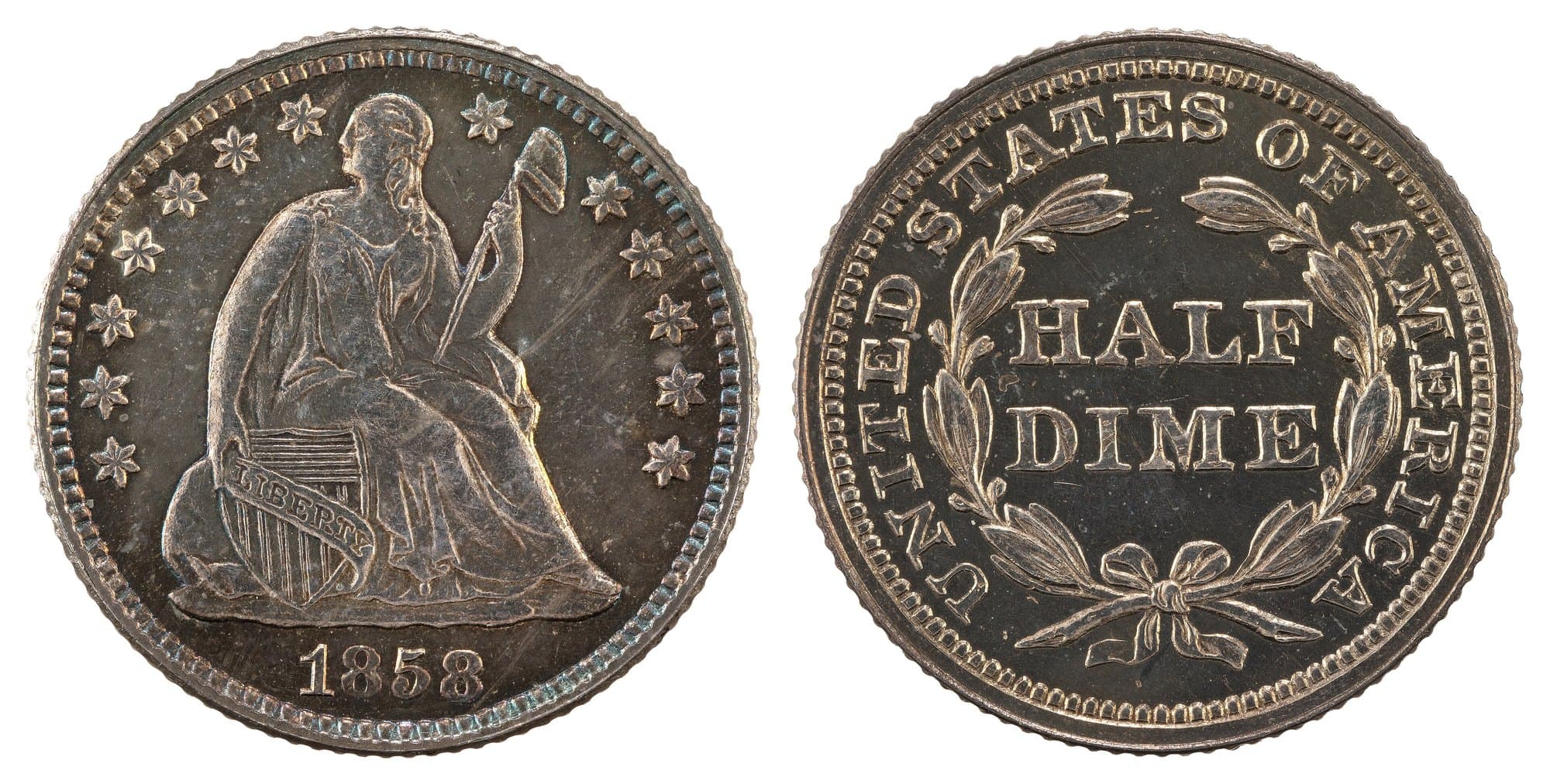 1858 Seated Liberty half dime with stars, obverse and reverse. National Numismatic Collection.