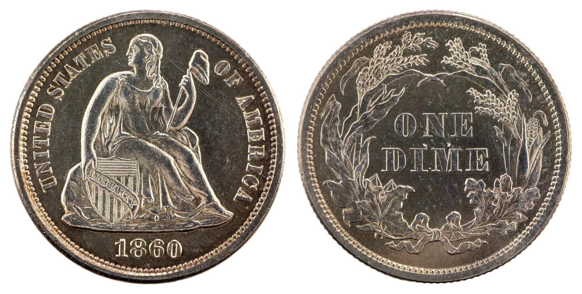 1860 Seated Liberty dime with legend, obverse and reverse. National Numismatic Collection.