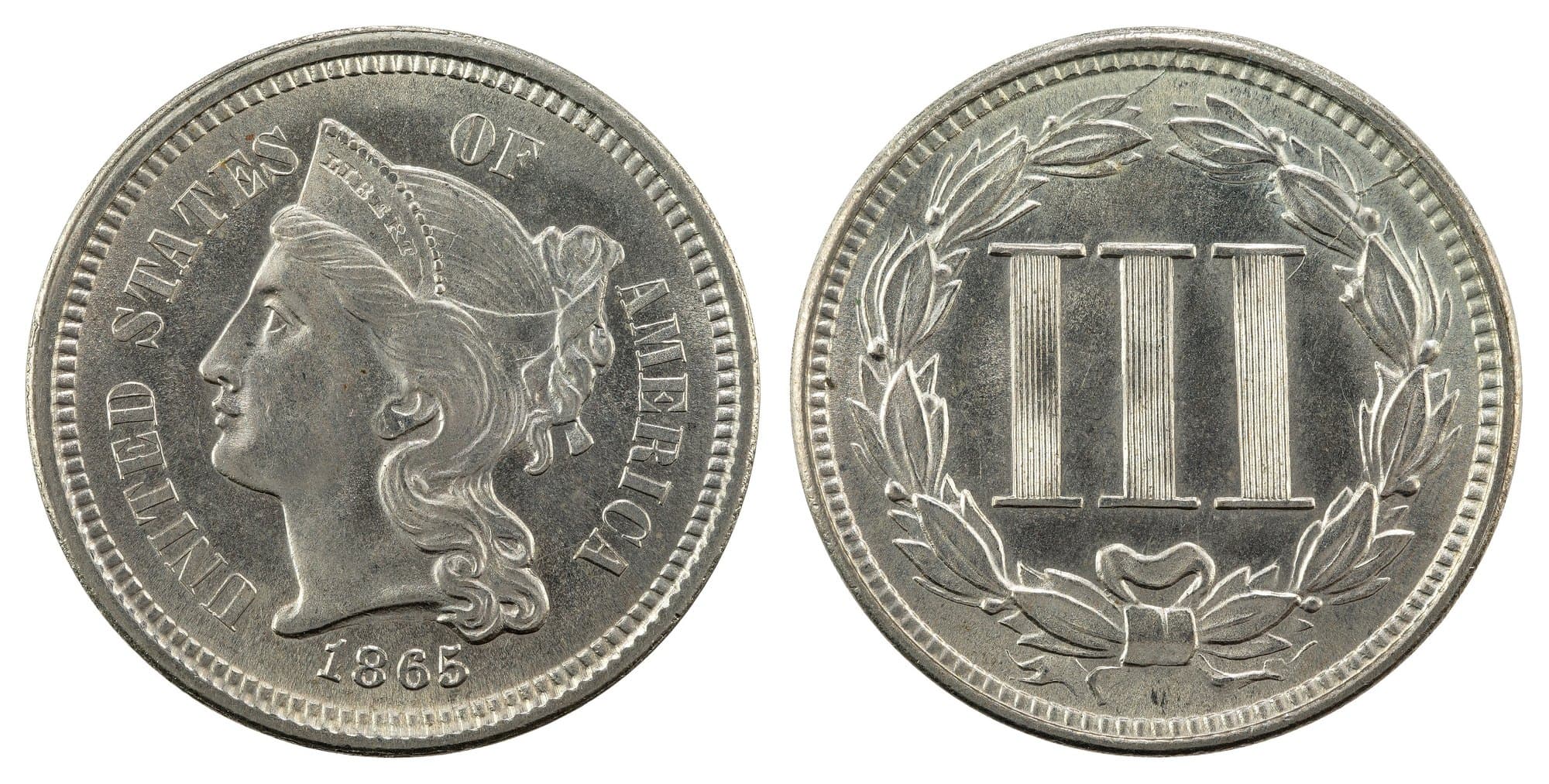 1865 three-cent nickel, obverse and reverse. National Numismatic Collection.