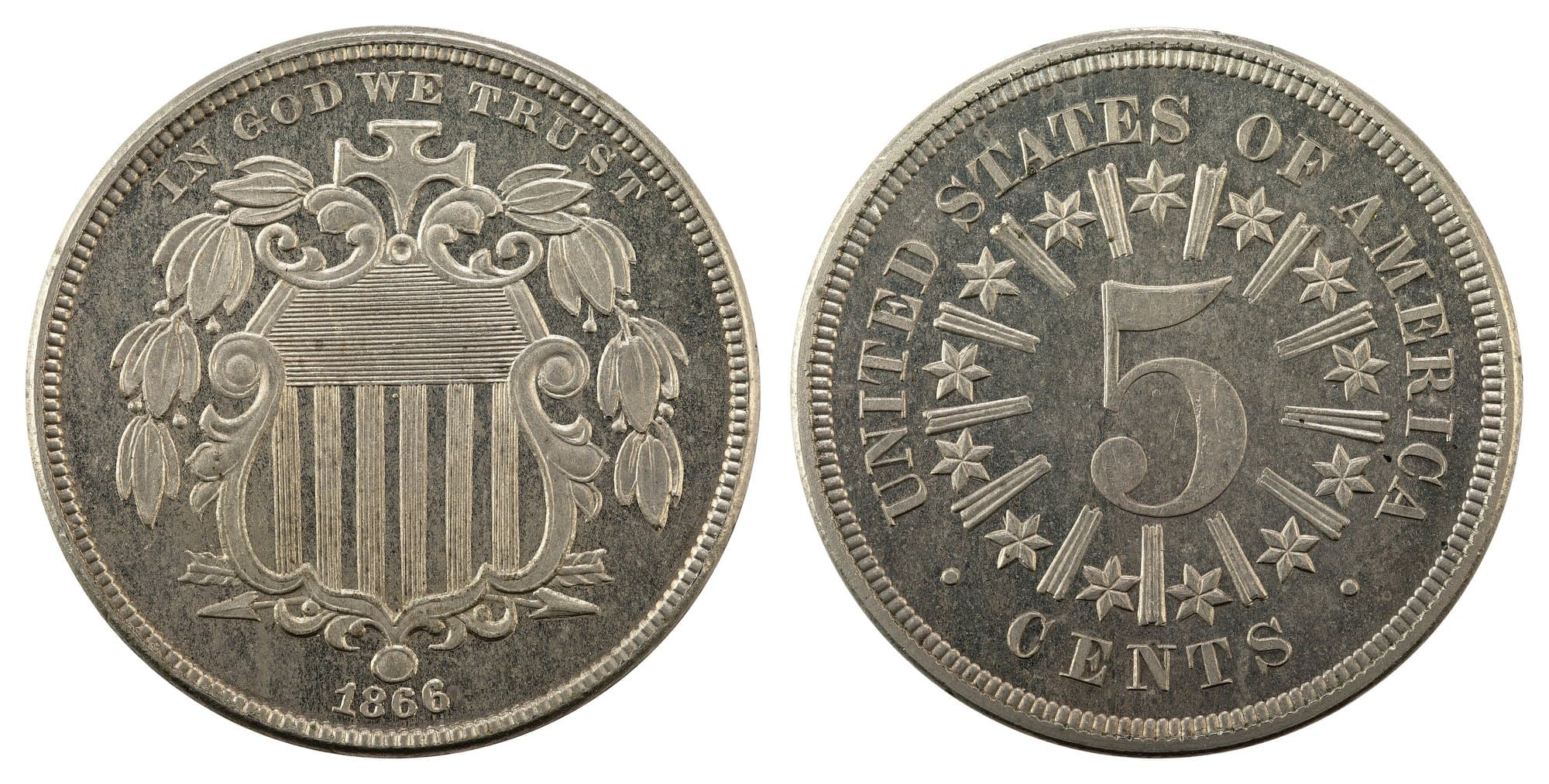 1866 Shield nickel with rays, obverse and reverse. National Numismatic Collection.