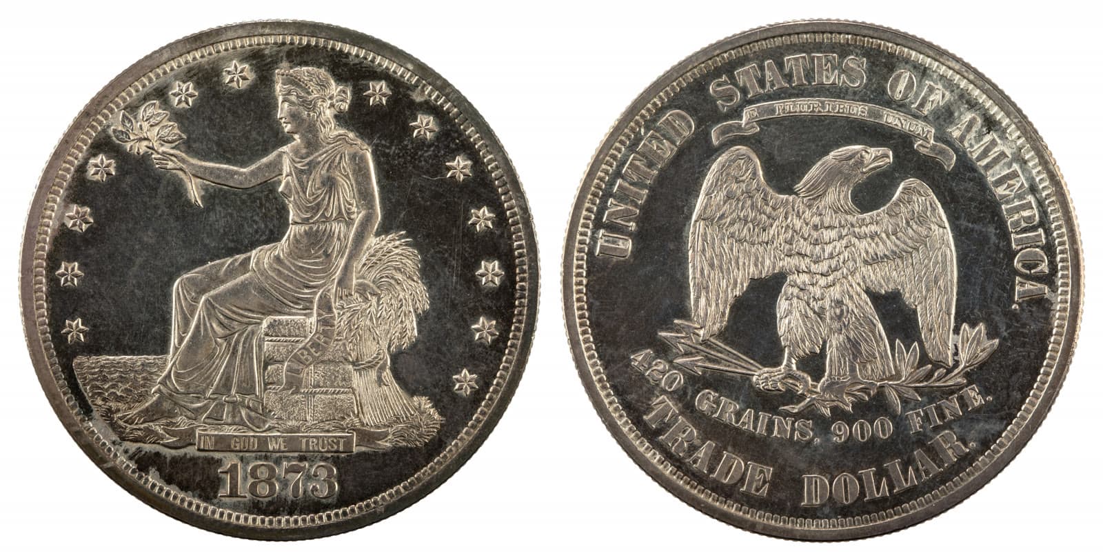 1873 Trade dollar, obverse and reverse. National Numismatic Collection.