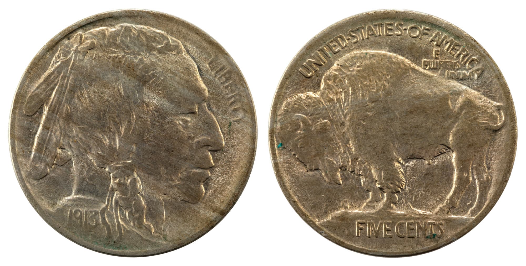 1913 Buffalo Nickel Type 1 (mound), obverse and reverse. National Numismatic Collection.