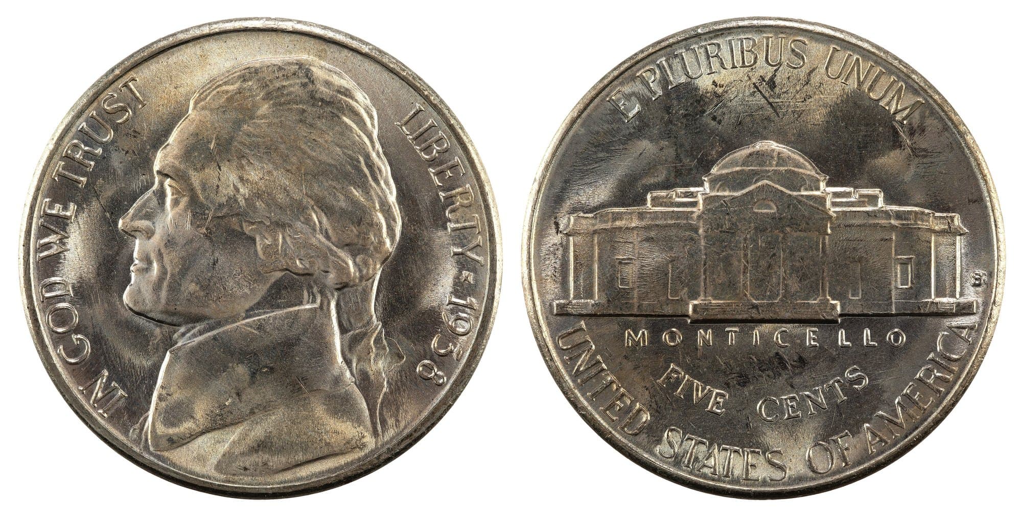 1938 Jefferson nickel, obverse and reverse. National Numismatic Collection.
